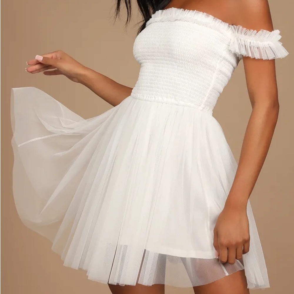 Lulus Princessa White Smocked Tulle Off-the-Shoulder Skater Dress
